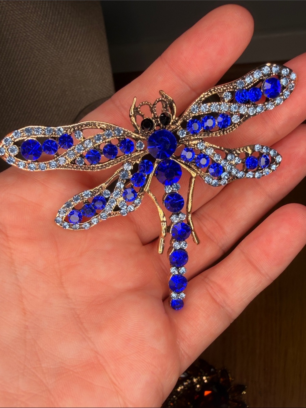 Gold Dragonfly Brooch with Cobalt Blue Rhinestones